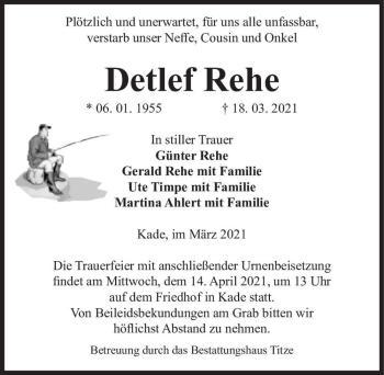 Traueranzeige von Detlef Rehe  von Magdeburger Volksstimme