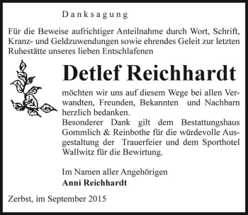 Traueranzeige von Detlef Reichhardt  von Magdeburger Volksstimme