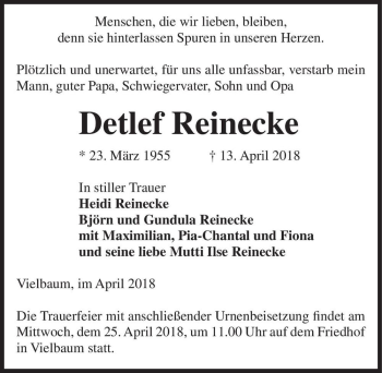 Traueranzeige von Detlef Reinecke  von Magdeburger Volksstimme