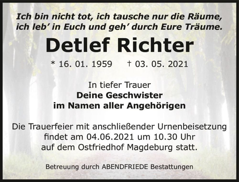  Traueranzeige für Detlef Richter  vom 29.05.2021 aus Magdeburger Volksstimme