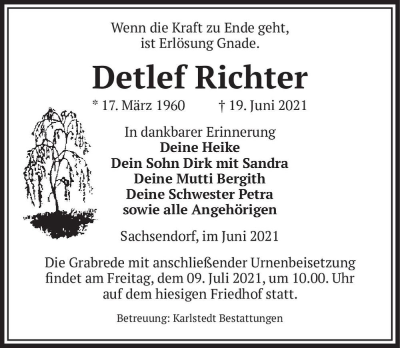  Traueranzeige für Detlef Richter  vom 26.06.2021 aus Magdeburger Volksstimme