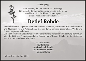Traueranzeige von Detlef Rohde  von Magdeburger Volksstimme