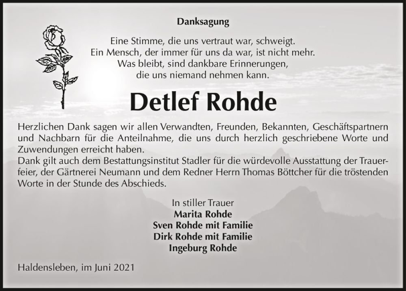  Traueranzeige für Detlef Rohde  vom 05.06.2021 aus Magdeburger Volksstimme