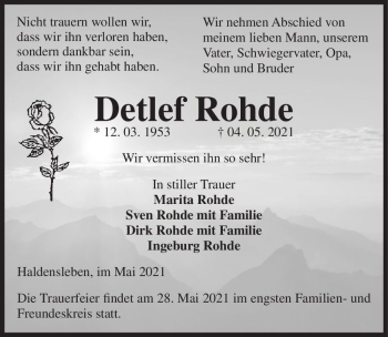 Traueranzeige von Detlef Rohde  von Magdeburger Volksstimme