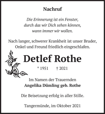Traueranzeige von Detlef Rothe  von Magdeburger Volksstimme