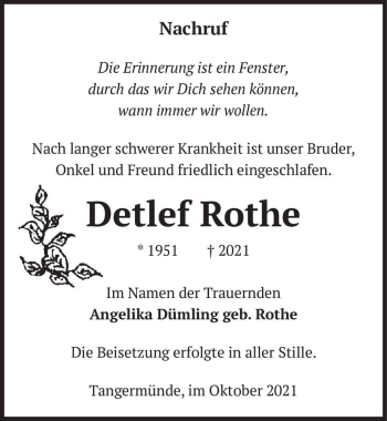Traueranzeige von Detlef Rothe  von Magdeburger Volksstimme