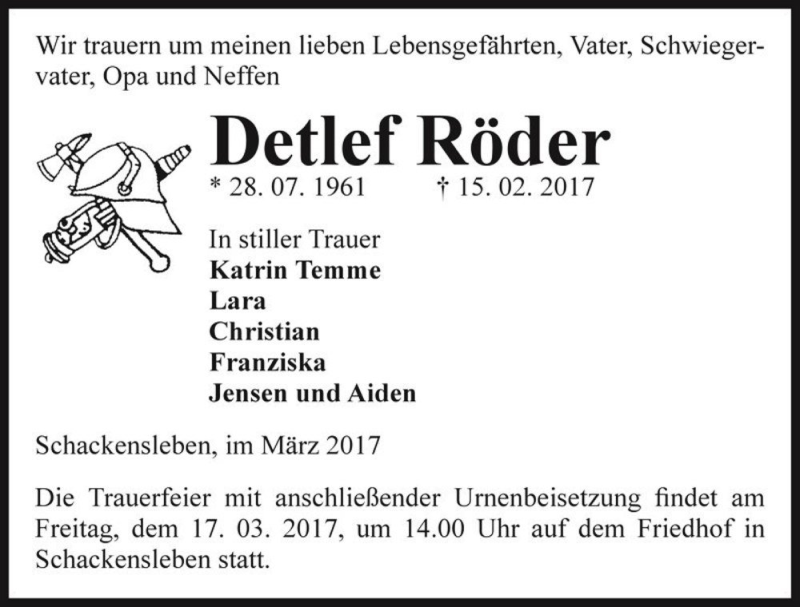  Traueranzeige für Detlef Röder  vom 07.03.2017 aus Magdeburger Volksstimme