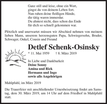 Traueranzeige von Detlef Schenk-Osinsky  von Magdeburger Volksstimme