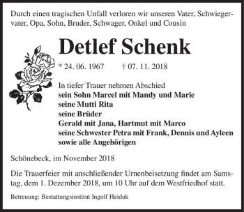 Traueranzeige von Detlef Schenk  von Magdeburger Volksstimme