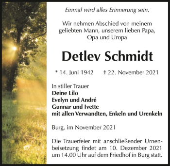 Traueranzeige von Detlef Schmidt  von Magdeburger Volksstimme