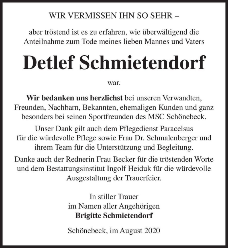 Traueranzeige für Detlef Schmietendorf  vom 22.08.2020 aus Magdeburger Volksstimme