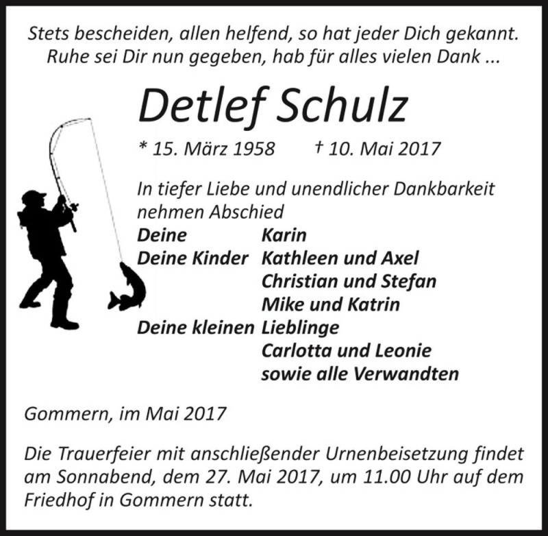  Traueranzeige für Detlef Schulz  vom 24.05.2017 aus Magdeburger Volksstimme