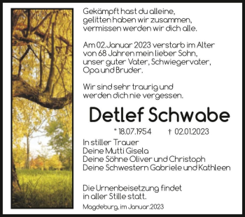 Traueranzeige von Detlef Schwabe  von Magdeburger Volksstimme