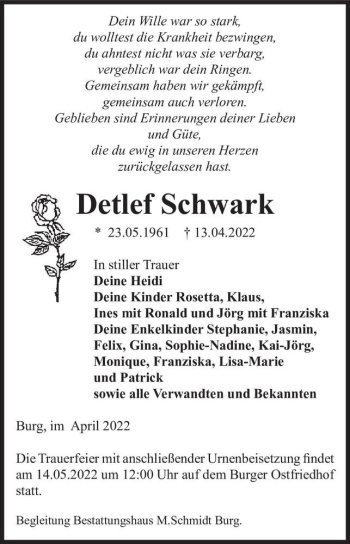 Traueranzeige von Detlef Schwark  von Magdeburger Volksstimme