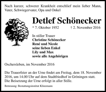 Traueranzeige von Detlef Schönecker  von Magdeburger Volksstimme