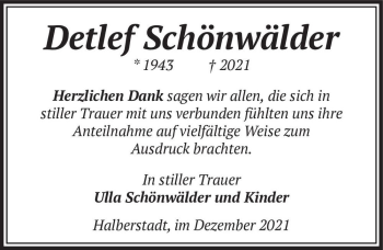 Traueranzeige von Detlef Schönwälder  von Magdeburger Volksstimme