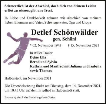 Traueranzeige von Detlef Schönwälder (gen. Schöni)  von Magdeburger Volksstimme