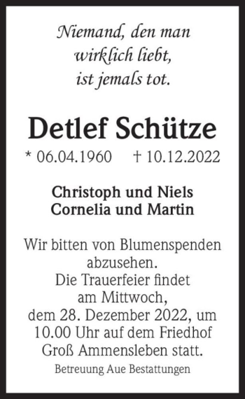 Traueranzeige von Detlef Schütze  von Magdeburger Volksstimme