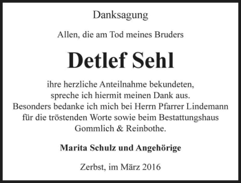 Traueranzeige von Detlef Sehl  von Magdeburger Volksstimme
