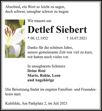 Traueranzeige von Detlef Siebert  von Magdeburger Volksstimme