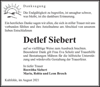 Traueranzeige von Detlef Siebert  von Magdeburger Volksstimme