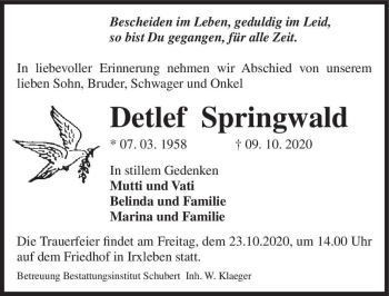Traueranzeige von Detlef Springwald  von Magdeburger Volksstimme