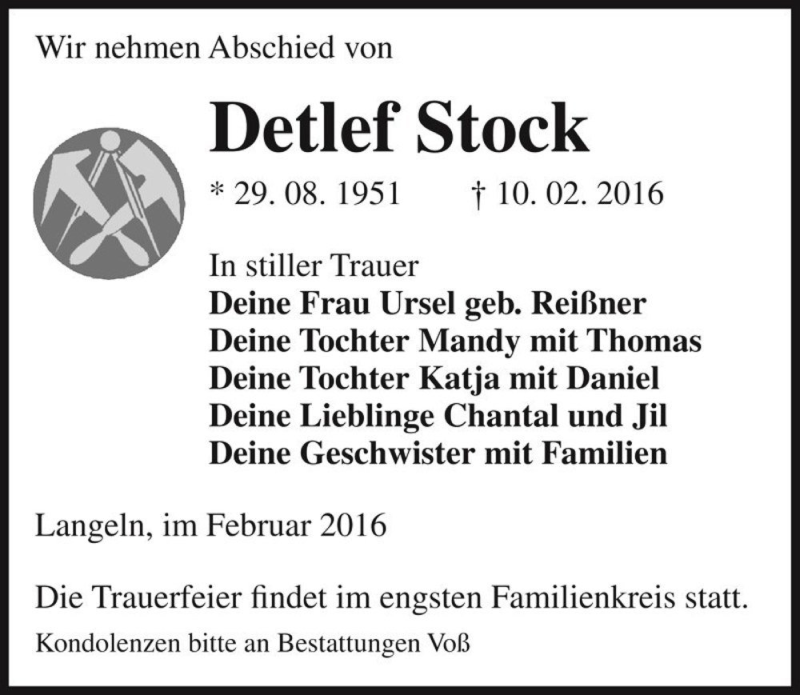  Traueranzeige für Detlef Stock  vom 17.02.2016 aus Magdeburger Volksstimme