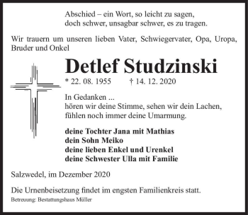 Traueranzeige von Detlef Studzinski  von Magdeburger Volksstimme