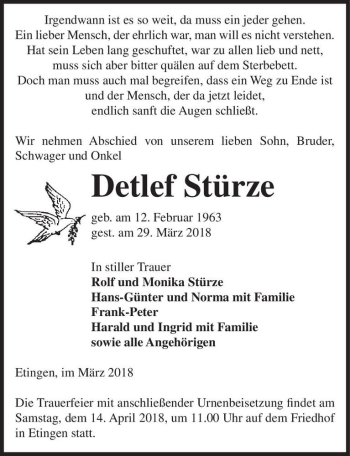 Traueranzeige von Detlef Stürze  von Magdeburger Volksstimme