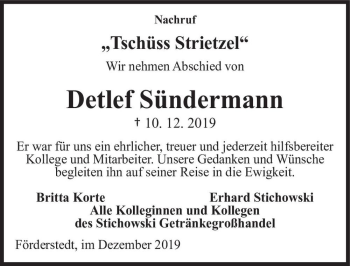 Traueranzeige von Detlef Sündermann  von Magdeburger Volksstimme