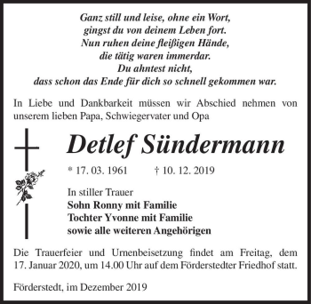 Traueranzeige von Detlef Sündermann  von Magdeburger Volksstimme