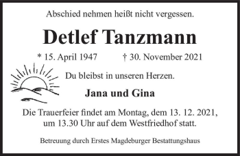 Traueranzeige von Detlef Tanzmann  von Magdeburger Volksstimme