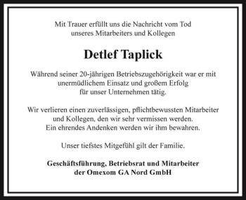 Traueranzeige von Detlef Taplick  von Magdeburger Volksstimme