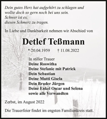 Traueranzeige von Detlef Teßmann  von Magdeburger Volksstimme
