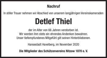 Traueranzeige von Detlef Thiel  von Magdeburger Volksstimme