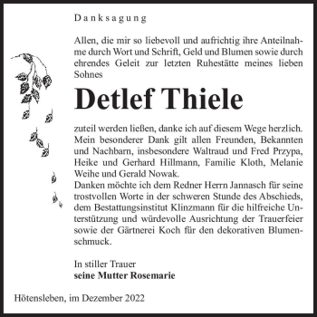 Traueranzeige von Detlef Thiele  von Magdeburger Volksstimme