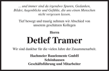 Traueranzeige von Detlef Tramer  von Magdeburger Volksstimme