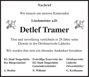 Traueranzeige von Detlef Tramer  von Magdeburger Volksstimme