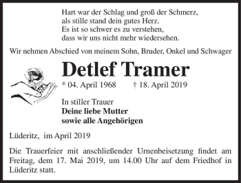 Traueranzeige von Detlef Tramer  von Magdeburger Volksstimme