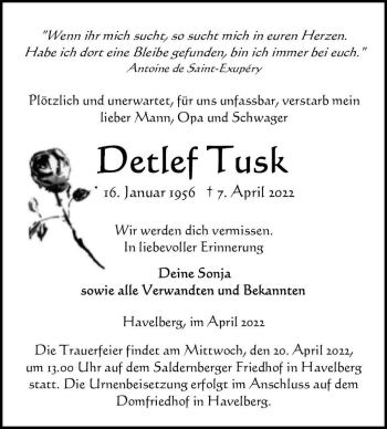 Traueranzeige von Detlef Tusk  von Magdeburger Volksstimme
