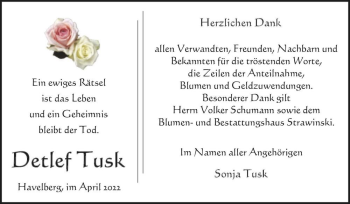 Traueranzeige von Detlef Tusk  von Magdeburger Volksstimme
