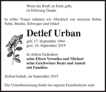 Traueranzeige von Detlef Urban  von Magdeburger Volksstimme