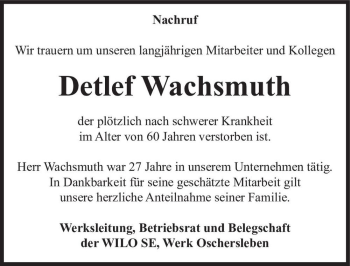 Traueranzeige von Detlef Wachsmuth  von Magdeburger Volksstimme