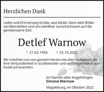 Traueranzeige von Detlef Warnow  von Magdeburger Volksstimme