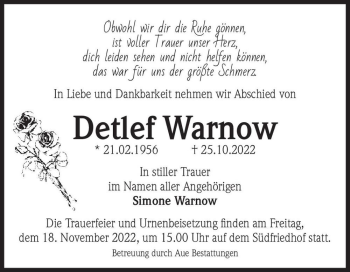 Traueranzeige von Detlef Warnow  von Magdeburger Volksstimme
