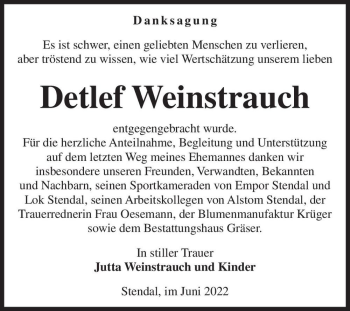 Traueranzeige von Detlef Weinstrauch  von Magdeburger Volksstimme