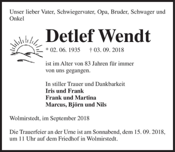 Traueranzeige von Detlef Wendt  von Magdeburger Volksstimme