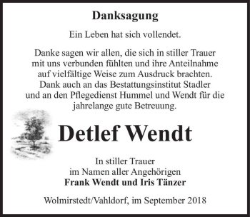 Traueranzeige von Detlef Wendt  von Magdeburger Volksstimme