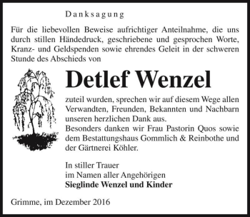 Traueranzeige von Detlef Wenzel  von Magdeburger Volksstimme