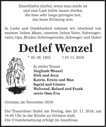 Traueranzeige von Detlef Wenzel  von Magdeburger Volksstimme